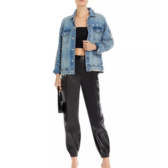 NEW Sunset & Spring Distressed Jean Jacket Oversized Pearl Embellished Denim XS - Picture 4 of 16